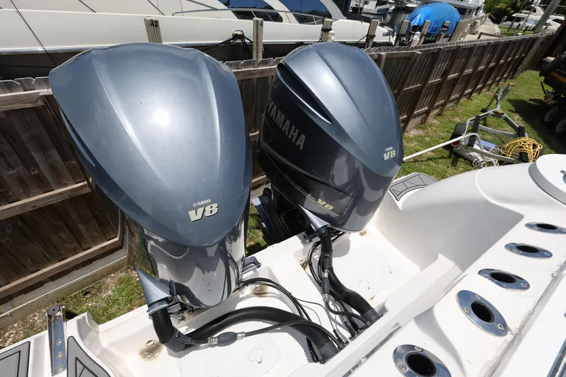 Slide: The Image of Twin Yamaha V8 engines on a 2020 Sea Fox 328 Commander boat. - 33