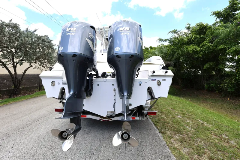 Slide: The Image of 2020 Sea Fox 328 Commander boat with dual V8 engines on a trailer. - 5