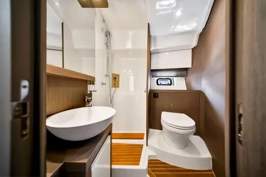 Slide: The Image of Luxurious bathroom in 2023 Beneteau Gran Turismo 45 yacht with modern fixtures. - 36