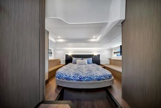 Slide: The Image of Luxurious cabin interior of 2023 Beneteau Gran Turismo 45 yacht, featuring a stylish bed. - 38