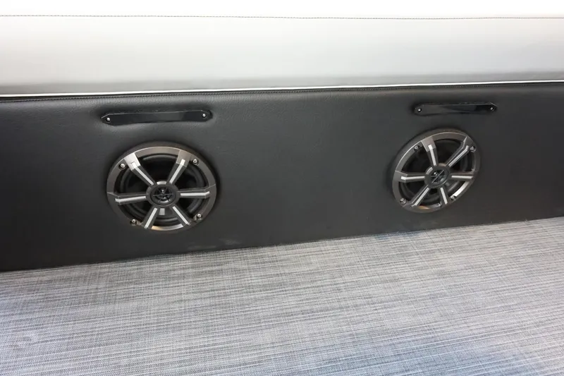 Slide: The Image of 2025 Lowe SS 230 DL boat interior with dual speakers and sleek design. - 25