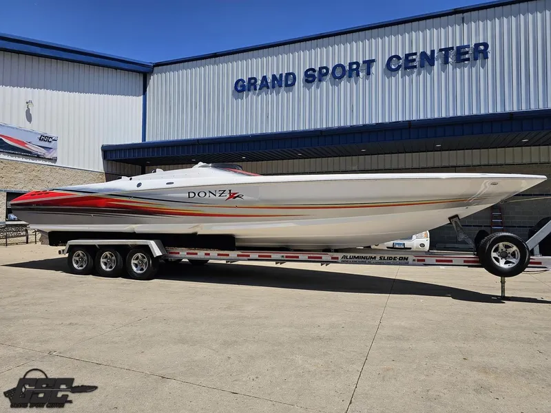 Slide: The Image of 2007 Donzi 38 ZR speedboat on trailer at Grand Sport Center. - 10
