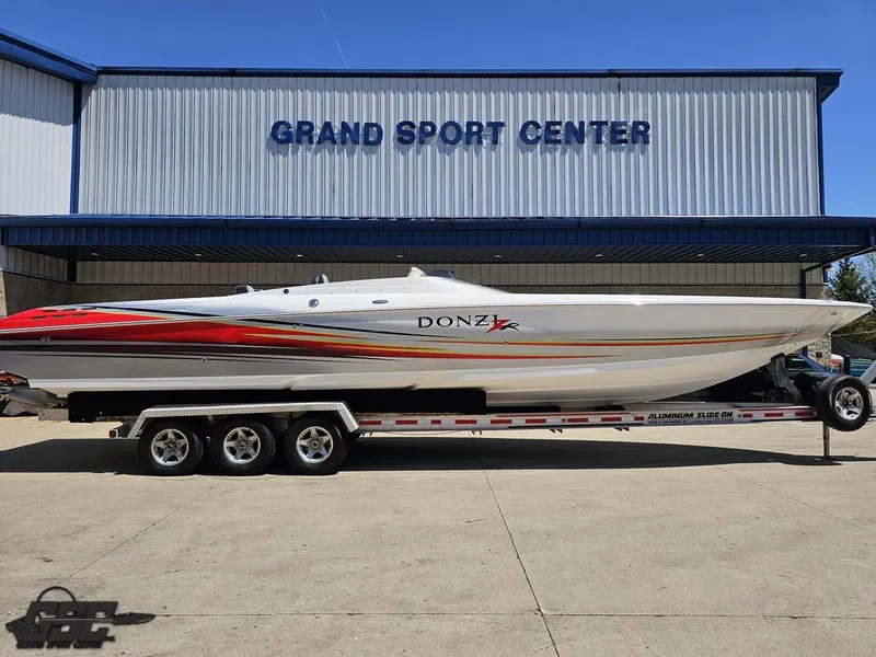 Slide: The Image of 2007 Donzi 38 ZR speedboat on trailer at Grand Sport Center. - 3