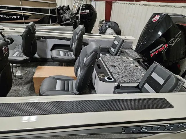 Slide: The Image of 2025 Ranger VX1988 WT boat interior with seating and Mercury Pro XS engine. - 5