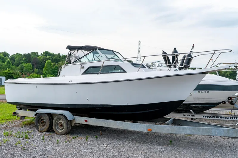 The Image of 1986 Aquasport 250 Express Fisherman boat on trailer, parked outdoors. - 1
