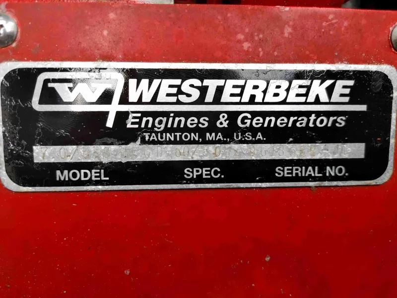 Slide: The Image of Westerbeke engine label on red surface, Intrepid 377 Walkaround, 2002 model. - 20