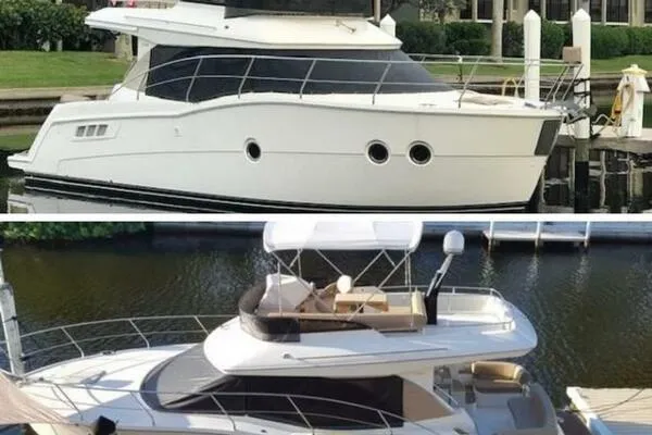 Slide: The Image of 2013 Carver C34 Command Bridge yacht docked, showcasing sleek design and spacious upper deck. - 6