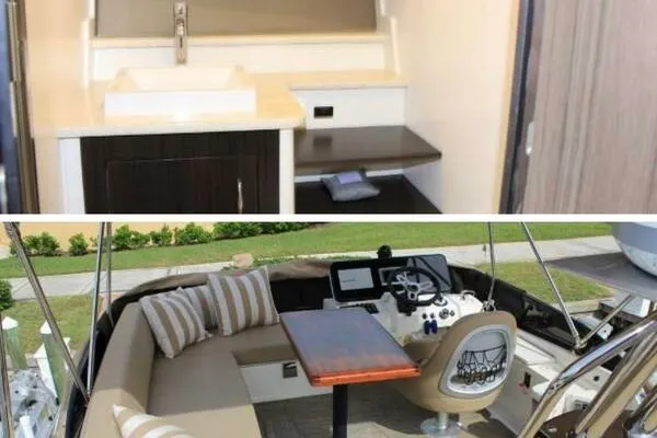 Slide: The Image of 2013 Carver C34 Command Bridge interior with kitchenette and outdoor seating area. - 7