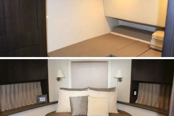 Slide: The Image of 2013 Carver C34 Command Bridge interior with cozy sleeping quarters and elegant bedding. - 9