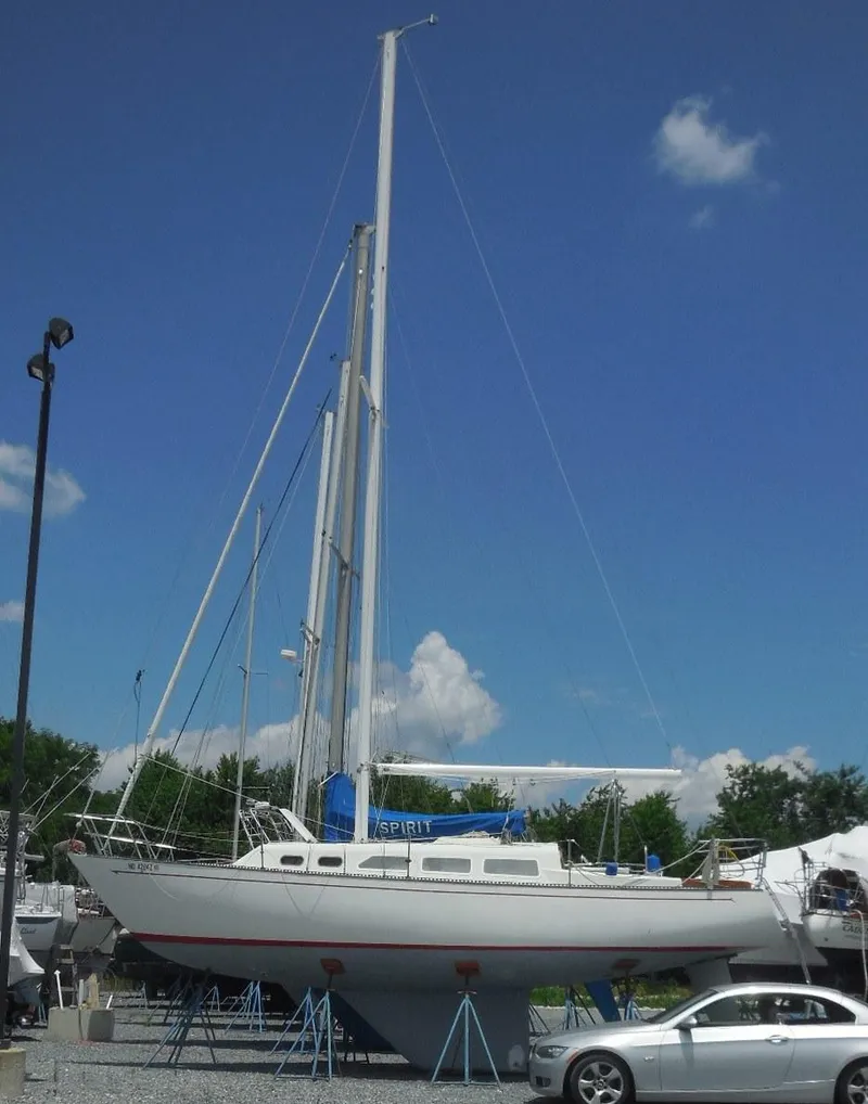 Slide: The Image of 1975 Ranger 33 sailboat on stands, clear sky background. - 4