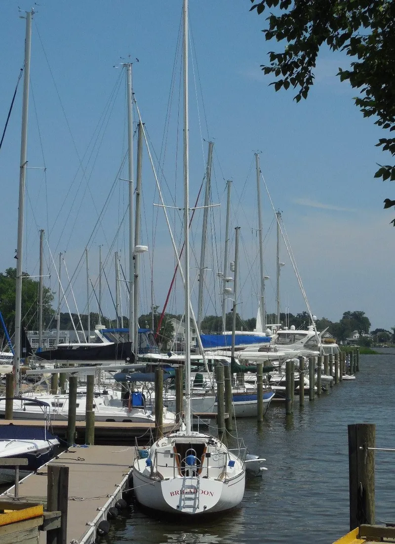 Slide: The Image of 1975 Ranger 33 sailboat docked at a marina with other boats under a clear sky. - 6