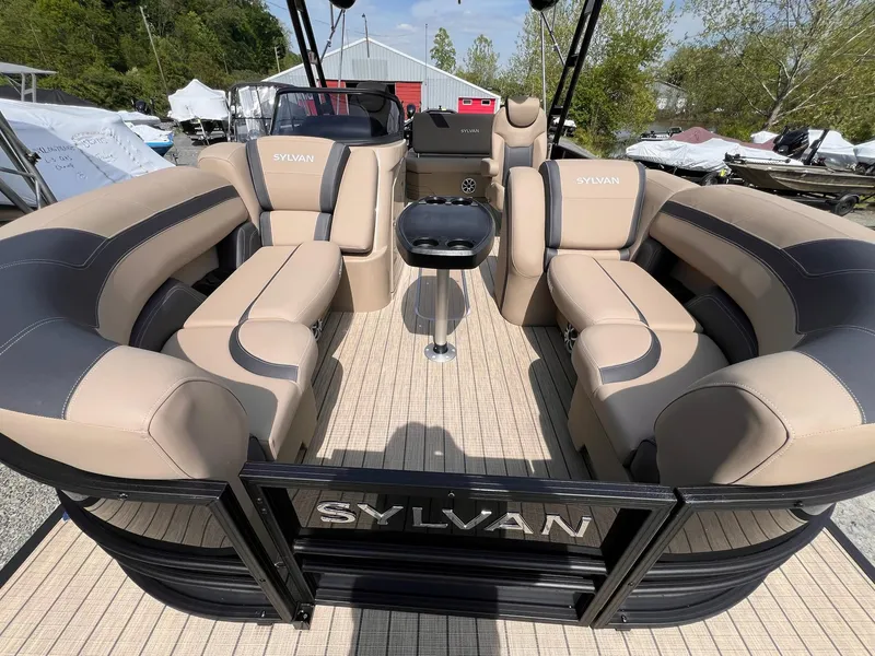 Slide: The Image of 2025 Sylvan L3 CLZ DH WT pontoon boat with spacious seating and modern design. - 15