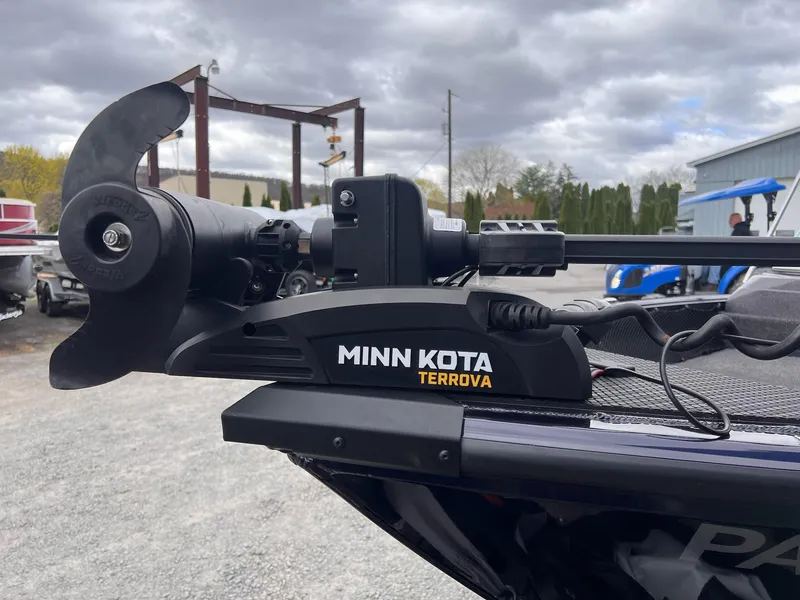 Slide: The Image of Minn Kota Terrova motor on 2020 Ranger VS1782 WT boat, outdoor setting, cloudy sky. - 27