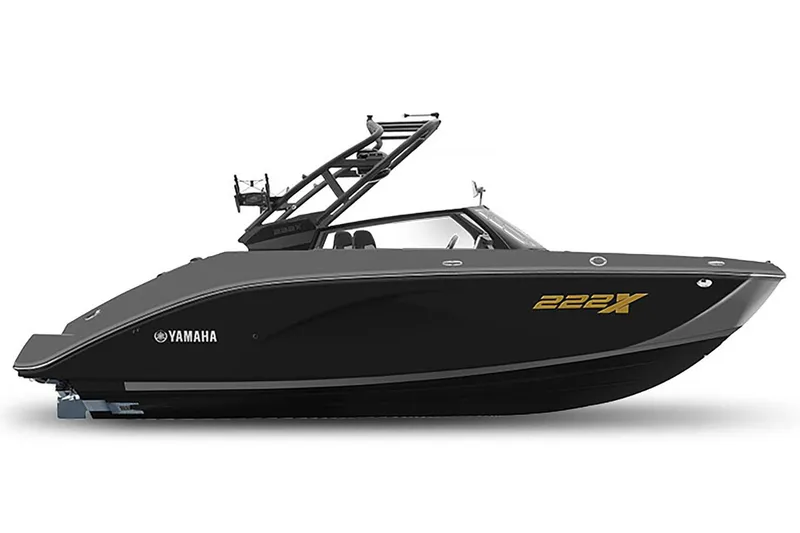 Slide: The Image of 2025 Yamaha Boats 222XE, sleek black design, side view. - 1