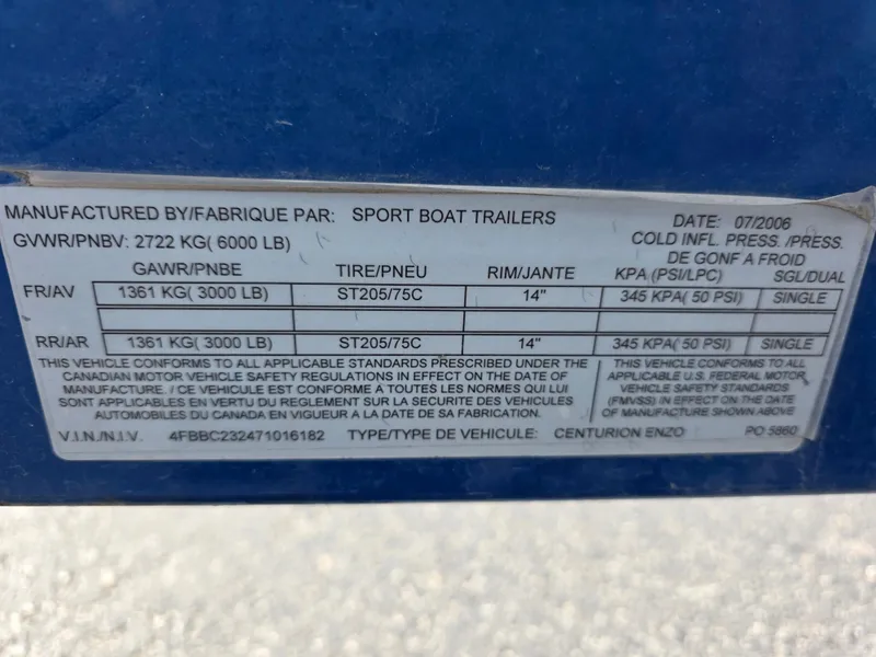 Slide: The Image of Label on a 2007 Centurion Boats ENZO23 trailer, detailing specifications and compliance information. - 20
