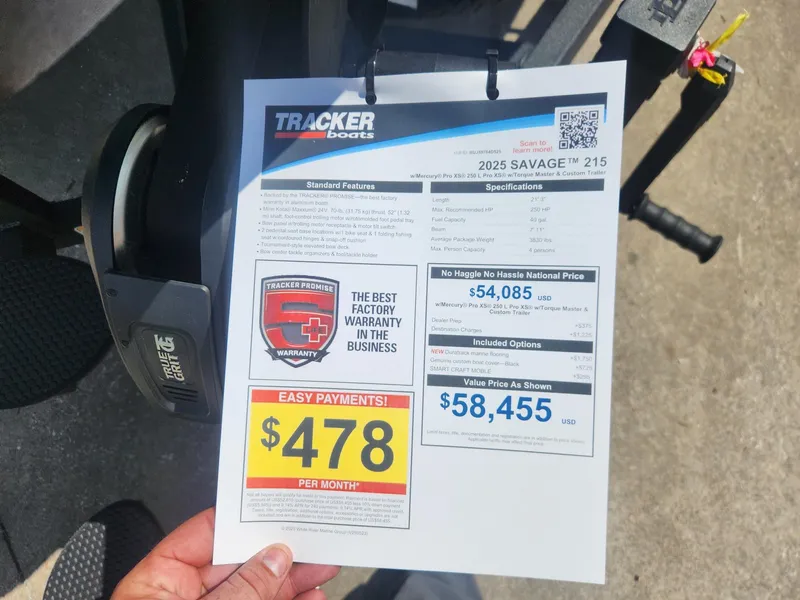 Slide: The Image of 2025 Tracker Savage 215 boat price sheet, highlighting $478 monthly payment and $58,455 total price. - 7