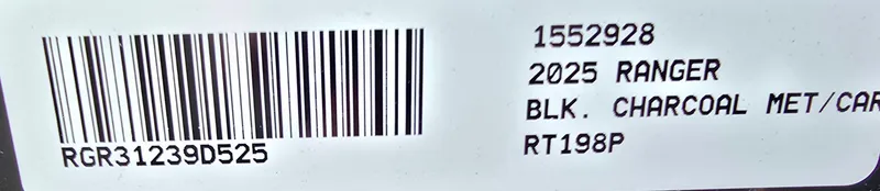 Slide: The Image of Barcode label for 2025 Ranger RT198P, black charcoal metallic. - 6
