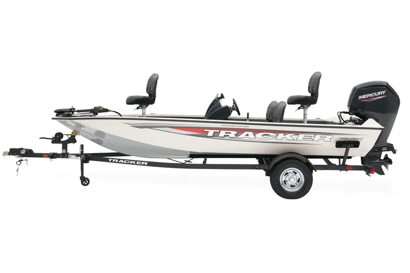 Slide: The Image of 2025 Tracker Pro Team 175 Crappie Edition boat, red exterior, parked outdoors. - 3