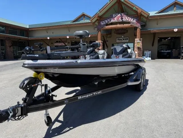 Slide: The Image of 2025 Ranger Z519R Cup-Equipped boat at service center, front view. - 2