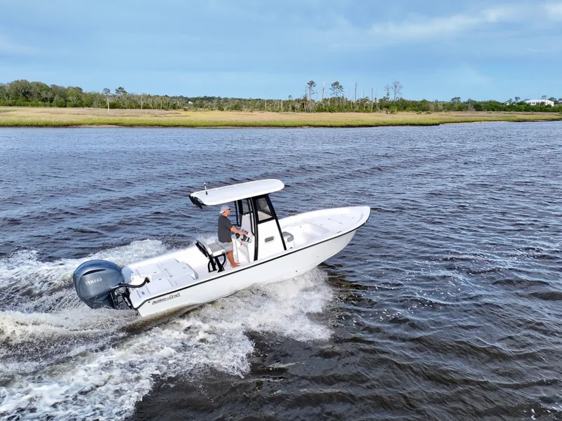 Slide: The Image of 2025 Action Craft 24 Coastal Bay boat cruising on a scenic river. - 3