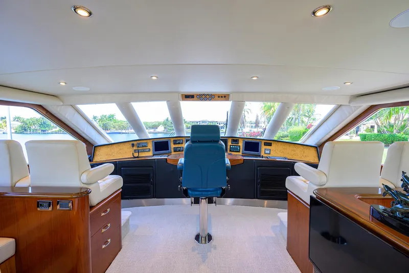 Slide: The Image of Luxurious helm of 2004 Sea Force IX 82 Enclosed Bridge yacht with panoramic windows. - 49