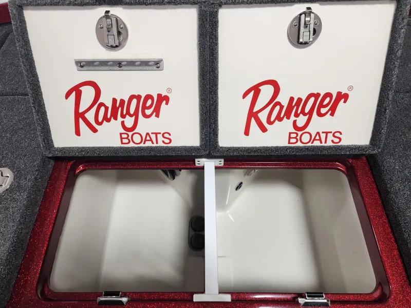 Slide: The Image of 2025 Ranger Z520R Cup-Equipped boat storage compartments with red and white design. - 21
