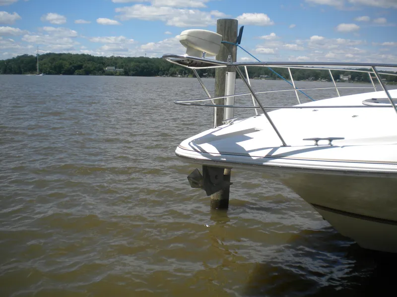 Slide: The Image of 1998 Cruisers 3870 Express yacht docked on a sunny day by a calm lake. - 29