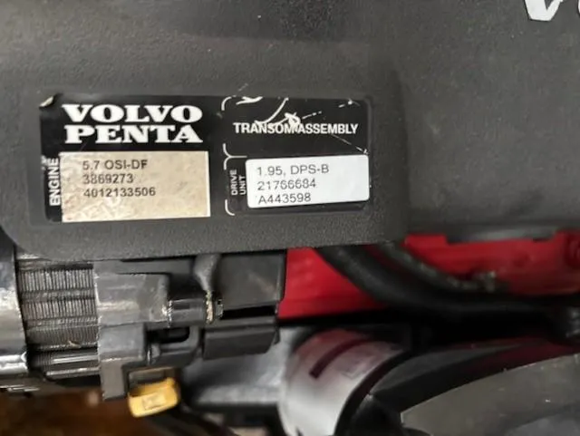 Slide: The Image of Volvo Penta engine label on 2005 Rinker Fiesta Vee 342 boat, showing specifications. - 33