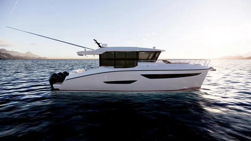 Slide: The Image of 2025 Oryx 37 LX yacht on serene ocean at sunset. - 3