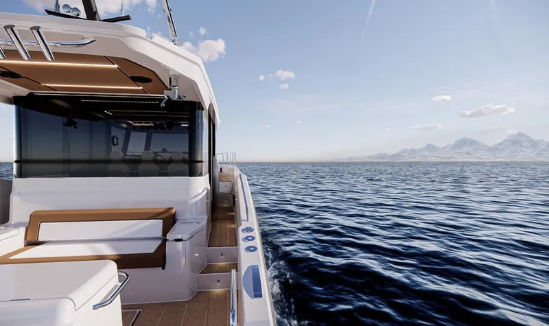 Slide: The Image of Luxury Oryx 37 LX yacht cruising on open sea, 2025 model. - 4