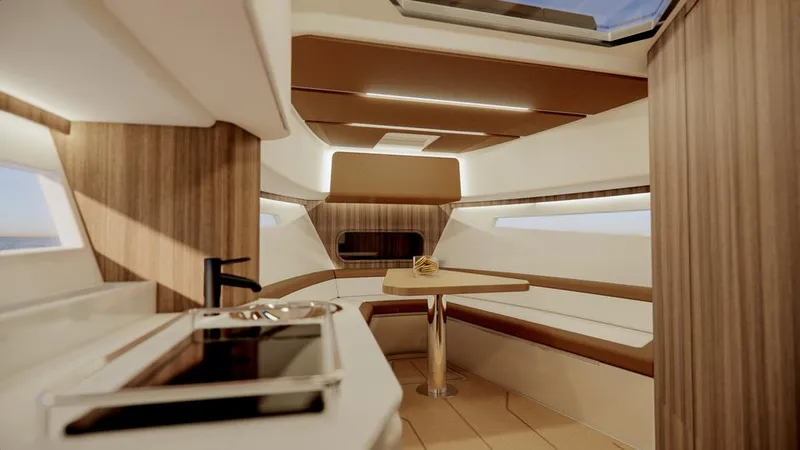 Slide: The Image of Luxurious interior of 2025 Oryx 37 LX yacht with modern kitchen and seating area. - 5
