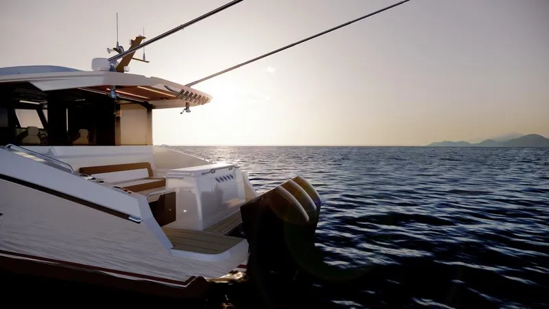 Slide: The Image of Luxury Oryx 37 LX yacht cruising at sunset, 2025 model, on serene ocean waters. - 6
