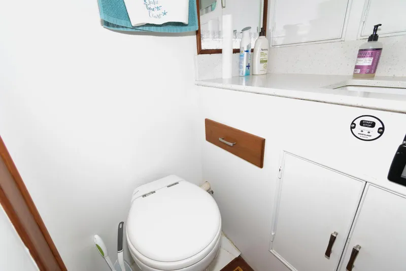 Slide: The Image of Bathroom interior of a 1990 Fleming 50 yacht, featuring a toilet and sink area. - 31