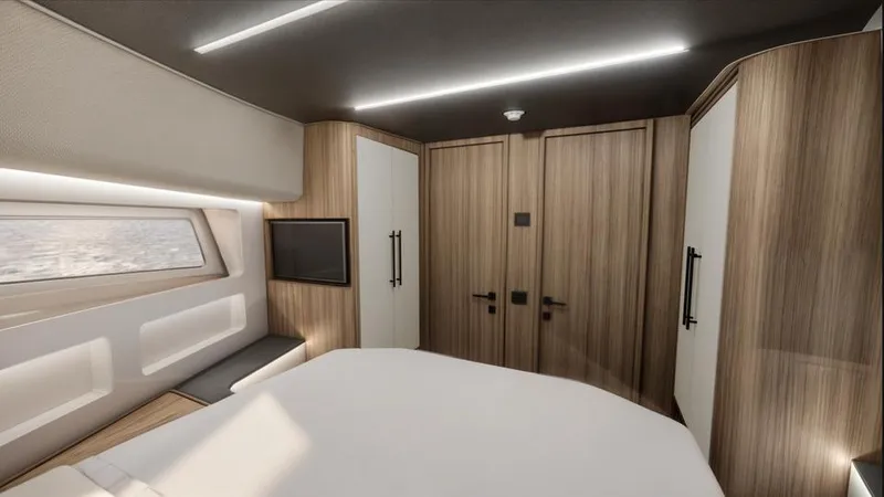 Slide: The Image of Luxurious cabin interior of 2025 Oryx 37 FX yacht with modern wood finishes. - 15