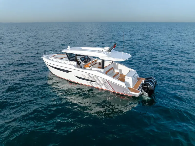 Slide: The Image of 2025 Oryx 37 FX yacht cruising on open sea, showcasing sleek design and modern features. - 3