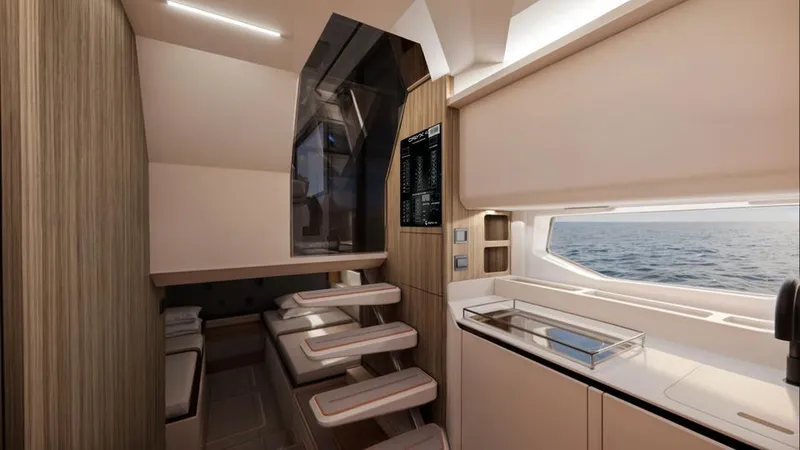 Slide: The Image of Luxurious interior of 2025 Oryx 37 FX yacht with modern design and ocean view. - 13