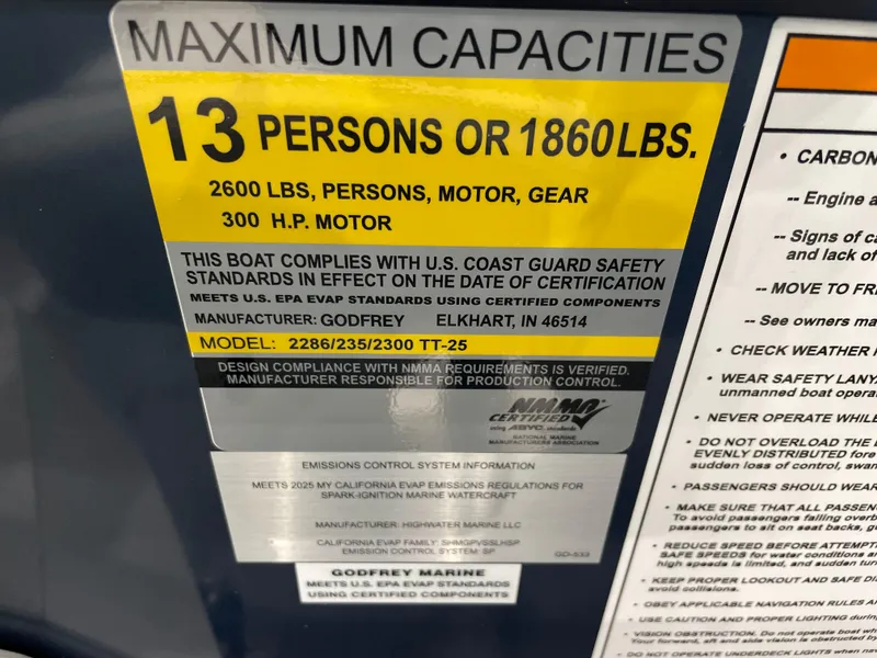Slide: The Image of 2025 Godfrey SWEETWATER 2286 SB capacity label: 13 persons or 1860 lbs, 300 HP motor. - 18