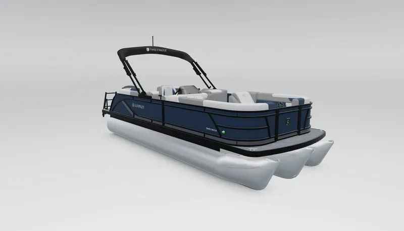 Slide: The Image of 2025 Godfrey SWEETWATER 2286 SB pontoon boat, sleek design, blue and white color scheme. - 19