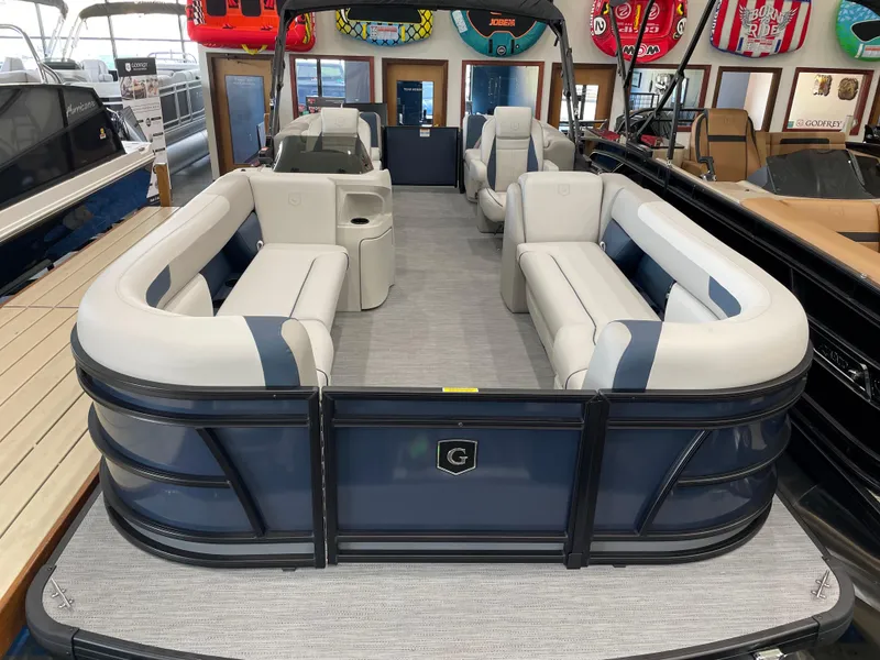 Slide: The Image of 2025 Godfrey SWEETWATER 2286 SB pontoon boat with spacious seating and modern design. - 4