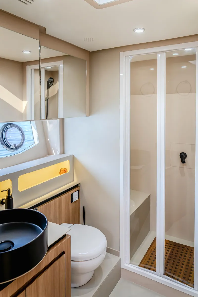 Slide: The Image of Luxurious bathroom in 2025 Oryx 47 LX yacht with modern fixtures and shower. - 10
