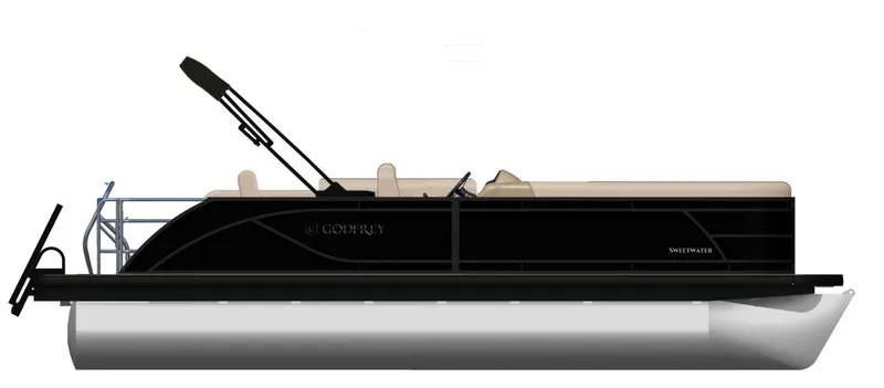 Slide: The Image of 2025 Godfrey SW2286SFLC Tritoon boat, side view, black exterior, beige interior, sleek design. - 23