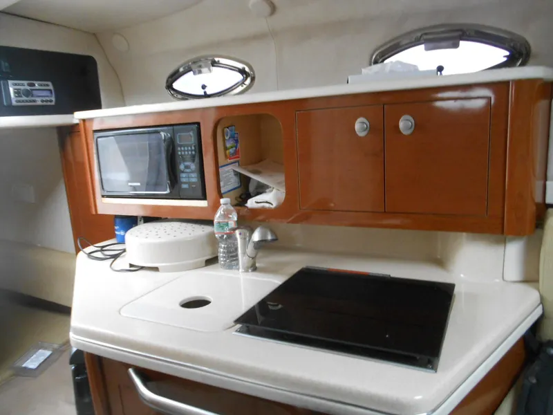 Slide: The Image of 2008 Sea Ray 260 Sundancer cabin kitchen with microwave, sink, and stove. - 10