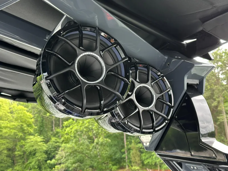 Slide: The Image of 2025 Centurion Ri245 boat speakers with sleek design, set against a lush green background. - 16