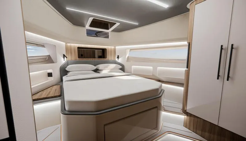 Slide: The Image of Luxurious interior of 2025 Oryx 47 FX yacht with modern bedroom design. - 3
