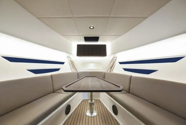 Slide: The Image of Luxurious interior of 2025 Oryx 379 yacht with elegant seating and modern design. - 11
