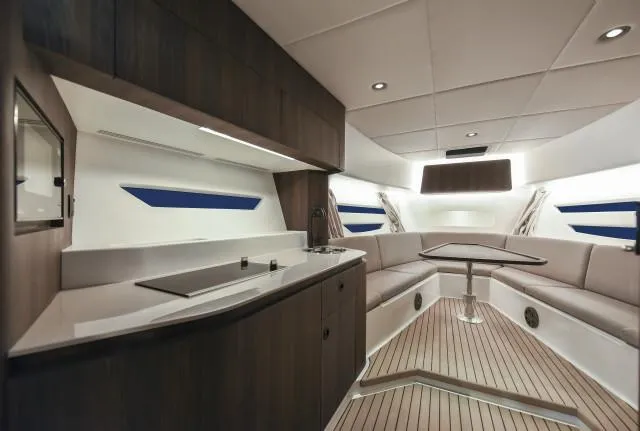 Slide: The Image of Luxurious interior of 2025 Oryx 379 yacht with modern seating and sleek design. - 6