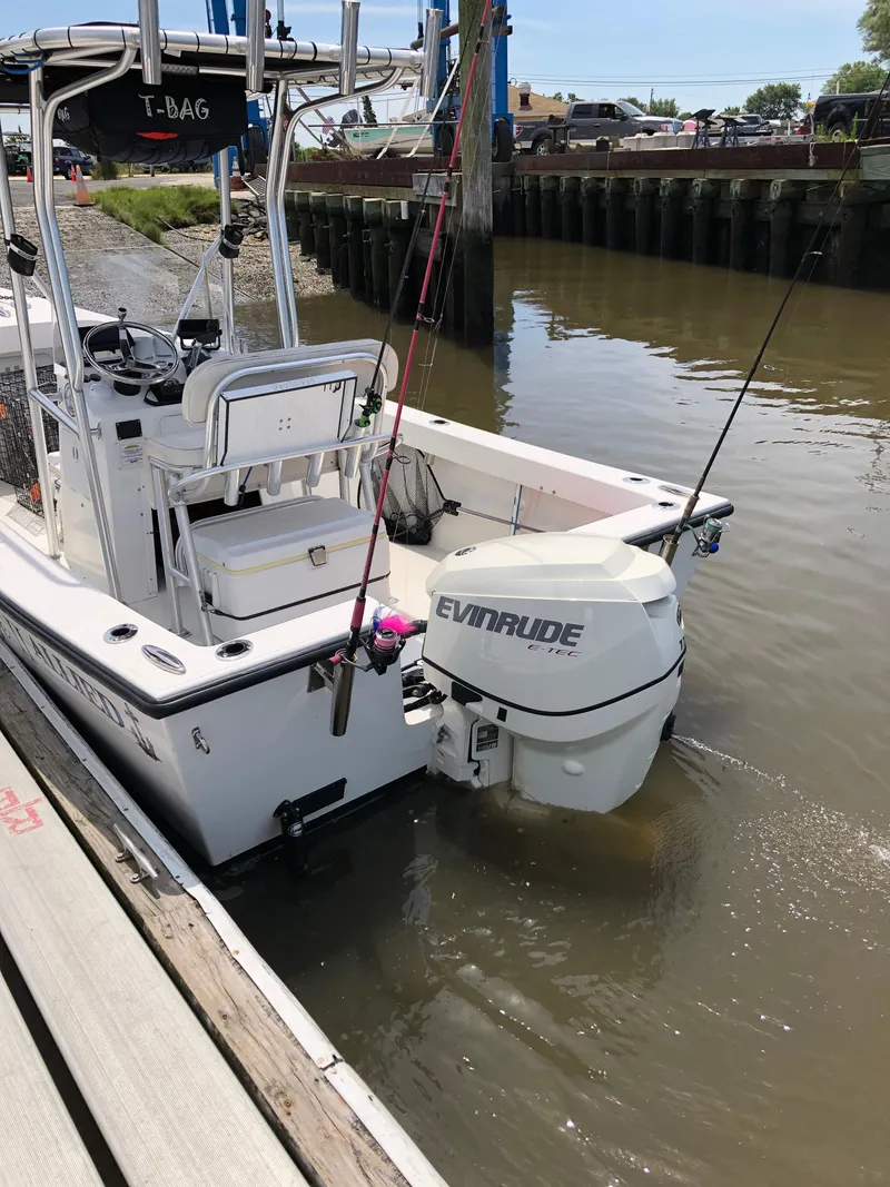 Slide: The Image of 2015 Allied 17 Explorer boat with Evinrude motor docked in a calm marina. - 23