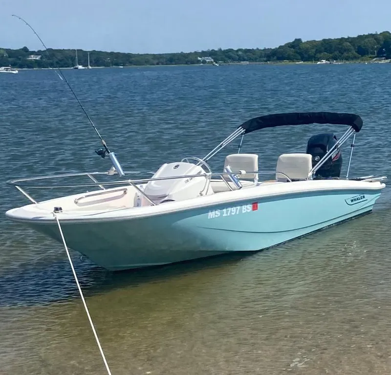 Slide: The Image of 2022 Boston Whaler 130 Super Sport boat anchored on a calm lake. - 0