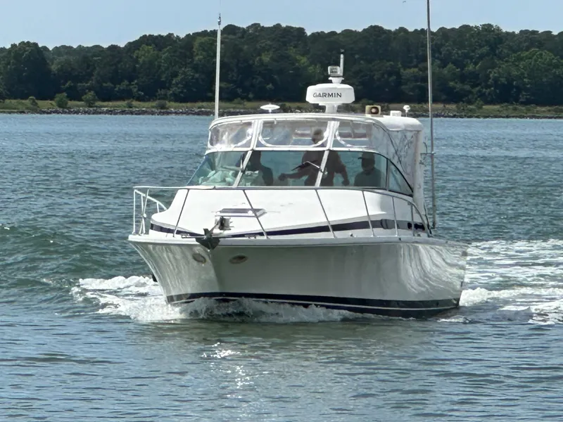 The Image of 1994 Bertram 30 Express Fisherman boat cruising on a calm lake with forested shoreline. - 0
