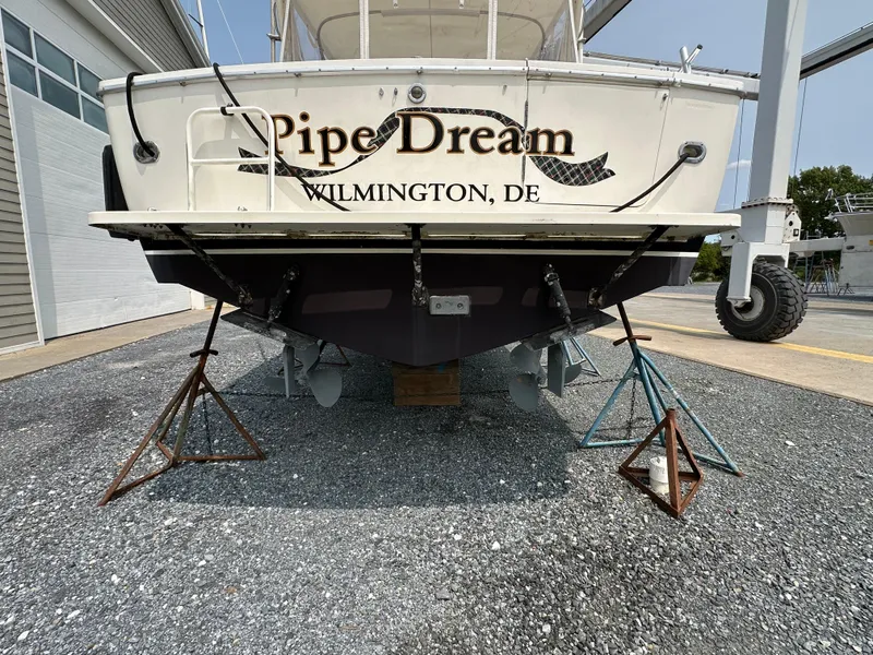 Slide: The Image of 1994 Bertram 30 Express Fisherman boat named "Pipe Dream" in dry dock, Wilmington, DE. - 22